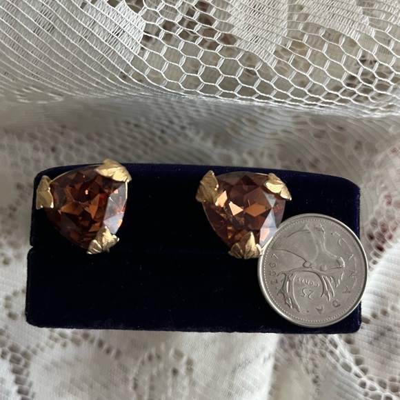 Bond Boyd Sterling Brown Topaz gold leaf screw-back earrings Vintage Canada - Picture 6 of 14